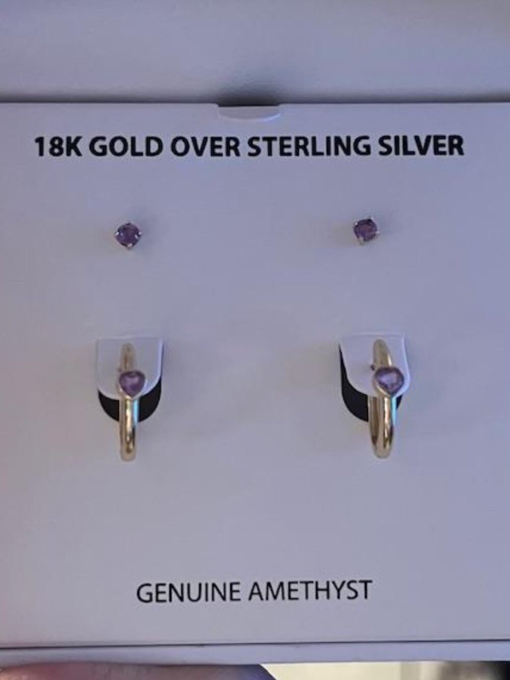 New 18k over Sterling Silver Genuine Amythyst Hoop Set of Hoop & Stud Earrings